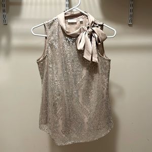 Glamorous blush-pink silky sequin bow blouse